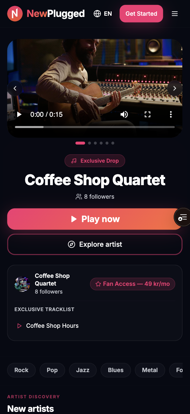 Mobilvisning av artistsiden til Coffee Shop Quartet i NewPlugged