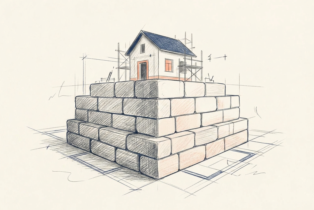 Håndtegnet hus med pen fasade der små figurer inspiserer og forsterker fundamentet under bakken