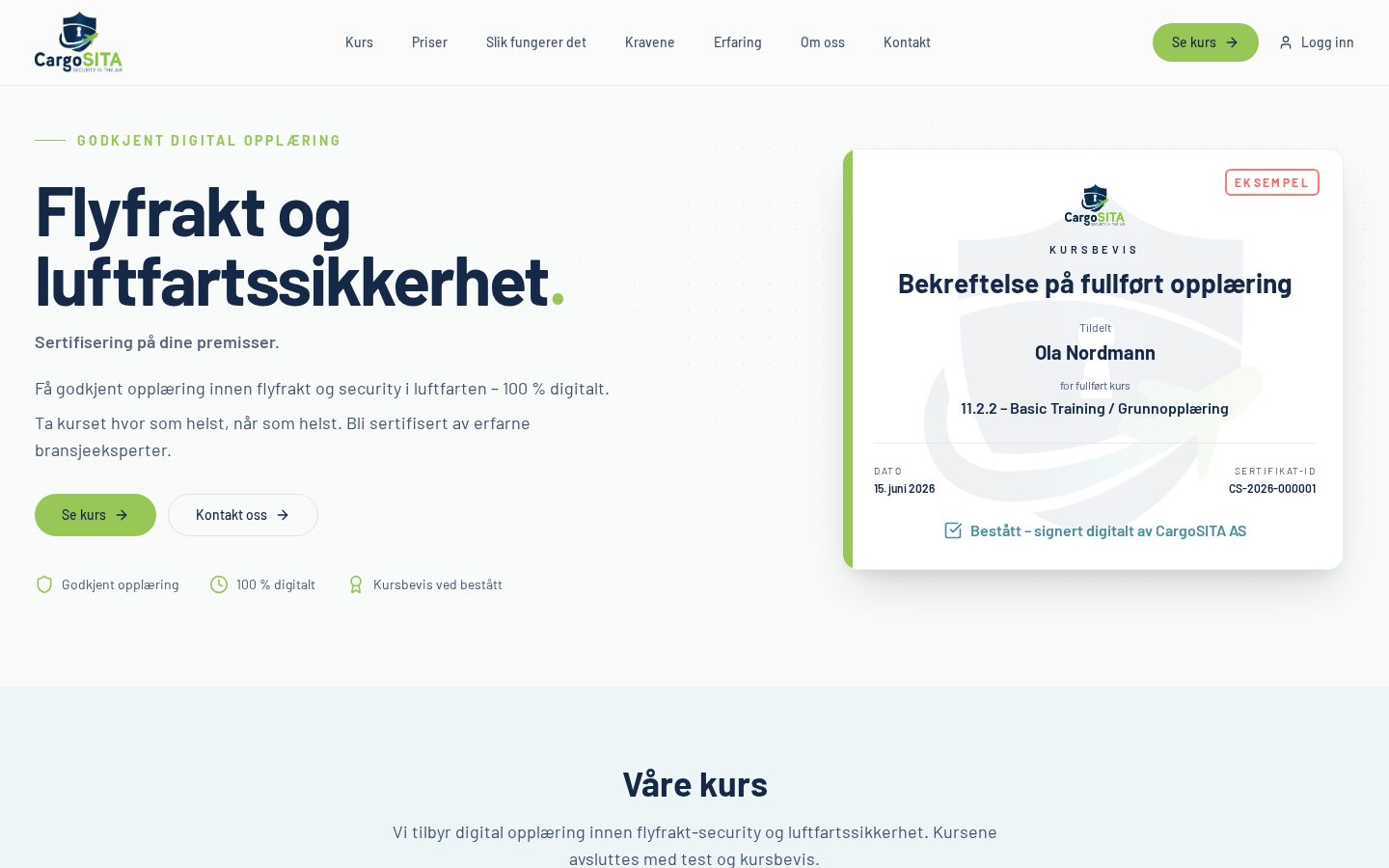Skjermbilde av forsiden til Cargosita med kursbevis som eksempel