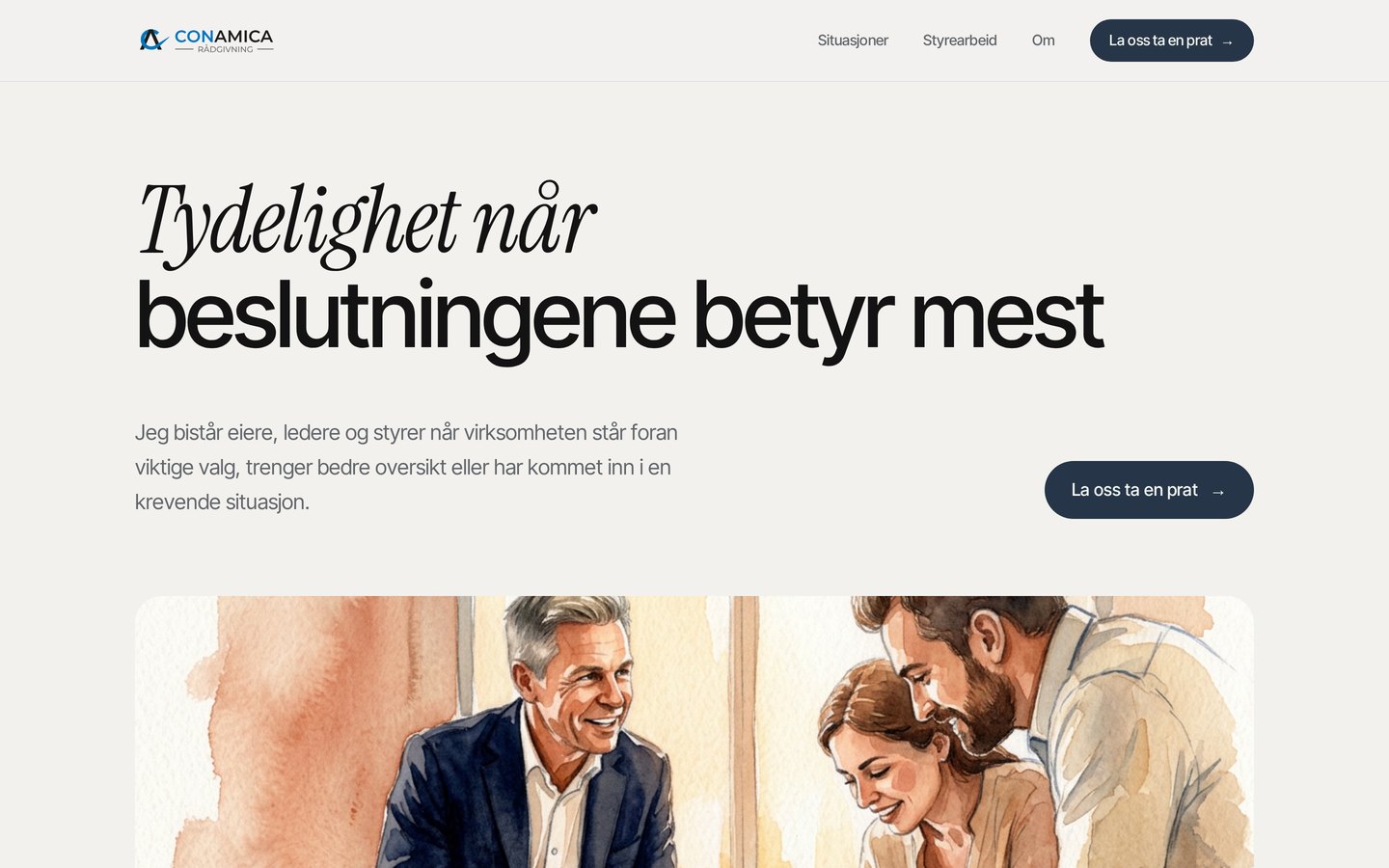Skjermbilde av forsiden til Conamica med tittelen Tydelighet når beslutningene betyr mest