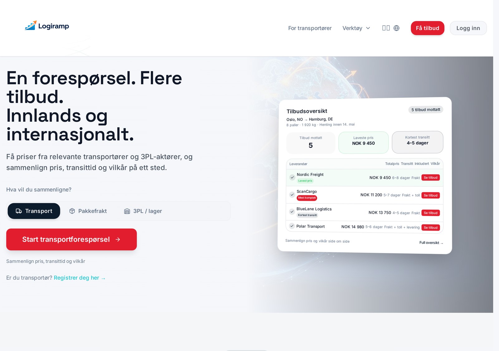 Skjermbilde av forsiden til Logiramp med sammenligning av tilbud fra flere transportører
