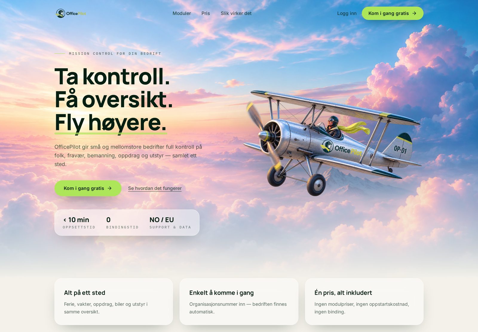 Skjermbilde av forsiden til OfficePilot med tittelen Ta kontroll, få oversikt, fly høyere